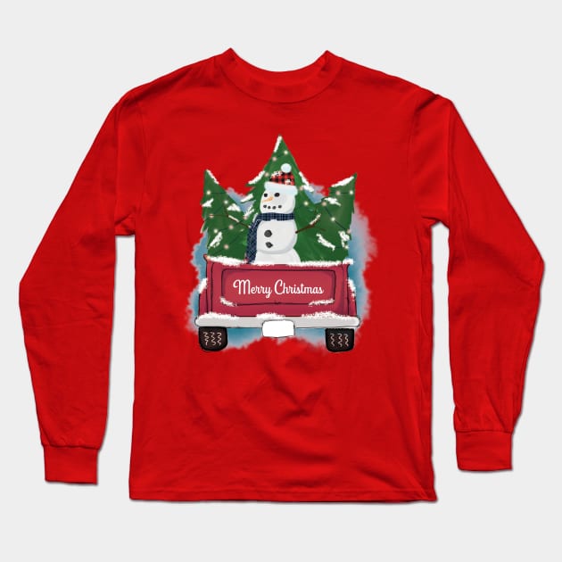 Christmas Truck with Snowman Long Sleeve T-Shirt by Peach Lily Rainbow